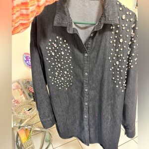 Black Denim Shirt with Pearl Embellishments